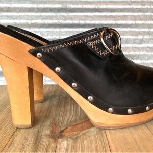 Steve Madden Black Leather Mules with Tan Wooden Heel